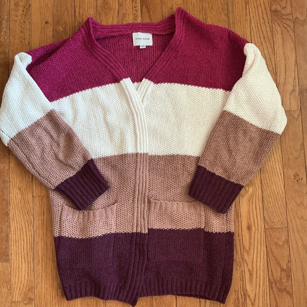 Women's Pink Rose Belk Open Cardigan Chenille Color Block Sweater Size Small